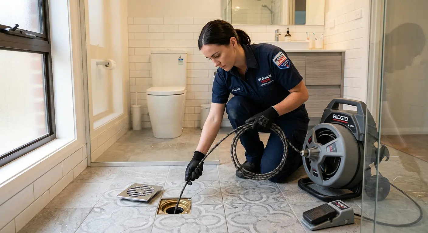 Technician clearing a bathroom floor drain for Drain Cleaning in Pembroke Park